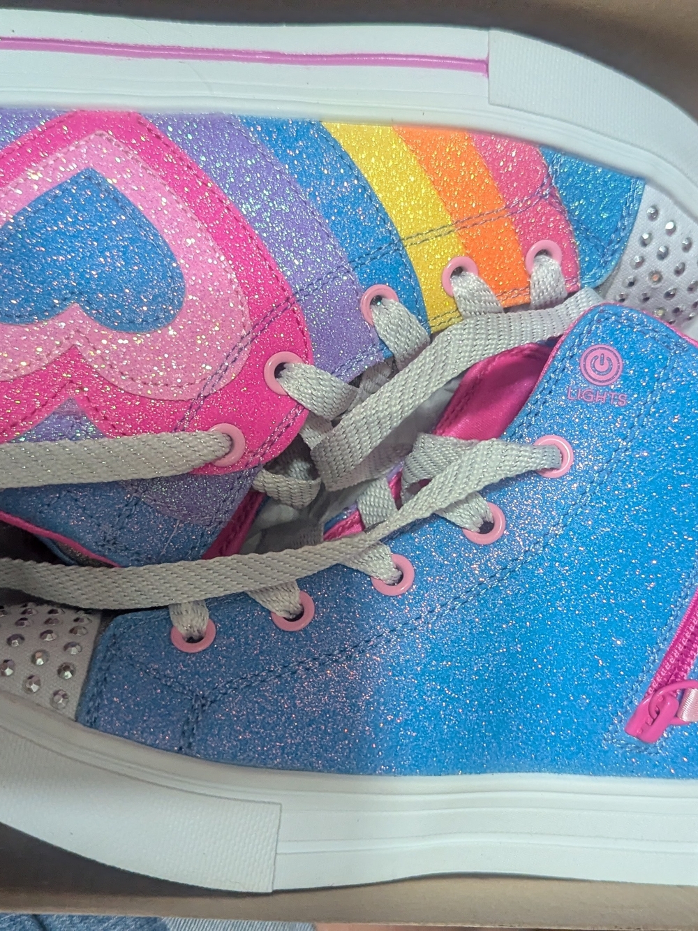 Skechers Kids Rainbow Heart Glitter High-Top Sneakers - Pink Blue Purple Yellow - Picture 2 of 5